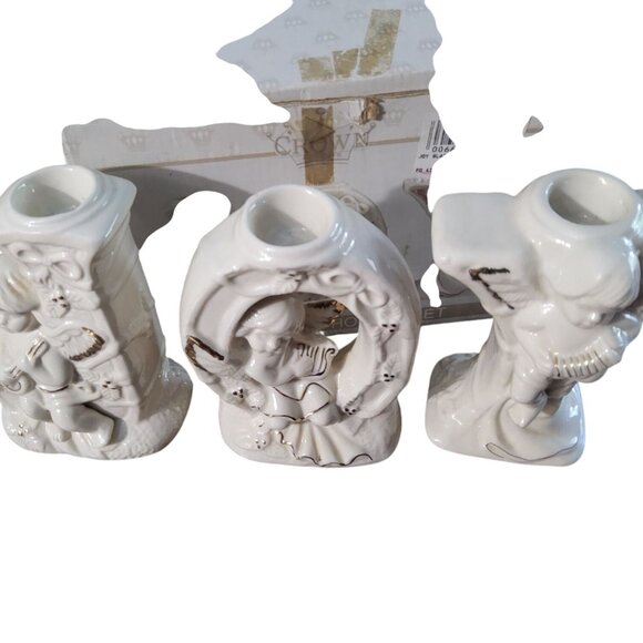 Vintage 1998 Crown Glazed  Ceramic Joy 3pc. Candle Holder Set - Picture 3 of 5